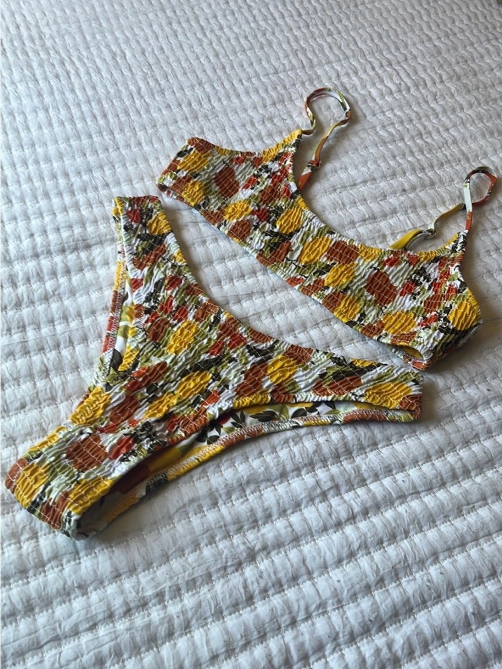 Smocked Floral Bandeau Bikini Set in Yellow and Rust